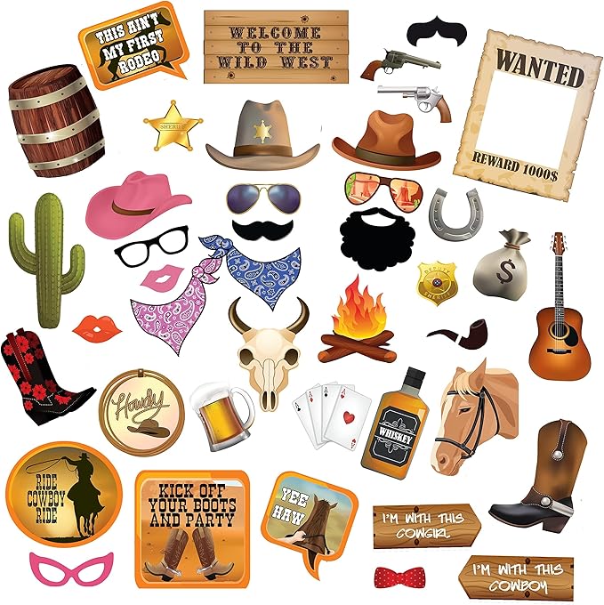 Western Cowgirl & Cowboy Photo Booth Props. Wild West Party Decorations. 41 Pcs Texas Theme Props with Wanted Sign for Bir...