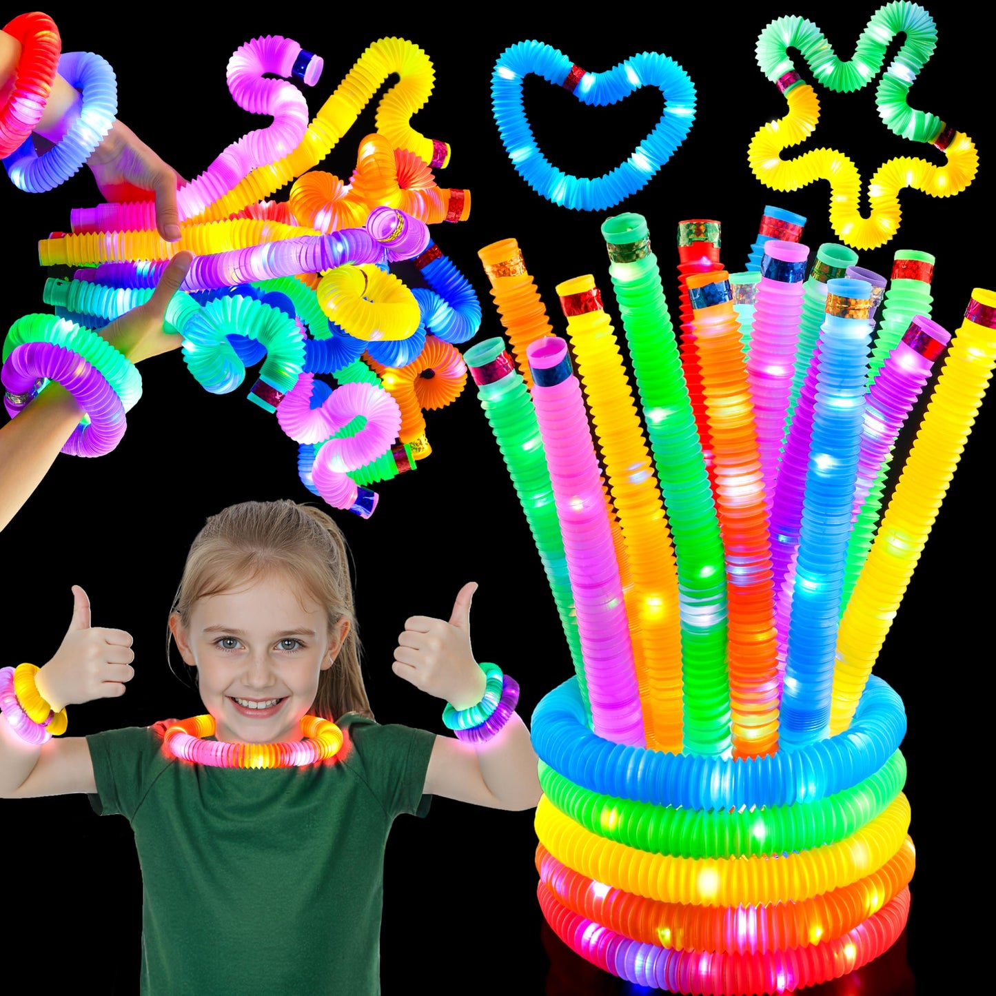 JOYIN 9 Pack Glow Sticks Party Favors for Kids, Light Up Pop Tubes Glow Necklaces Bracelets Party Supplies for Toddlers Boys Girls Birthday Gifts, Christmas, Halloween Goodie bags