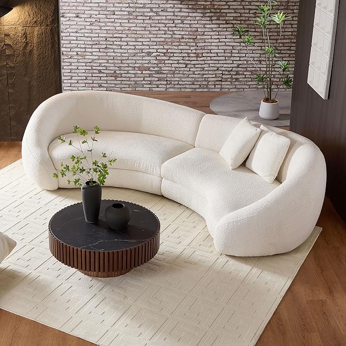 KEIKI 126" Curved Oversized Boucle Sectional Sofa with Love Heart Design, Modern 5-Seater Polyester Couch with 2 Decorative Pillows and Rolled Arms, Easy Assembly, for Apartment, Living Room, White