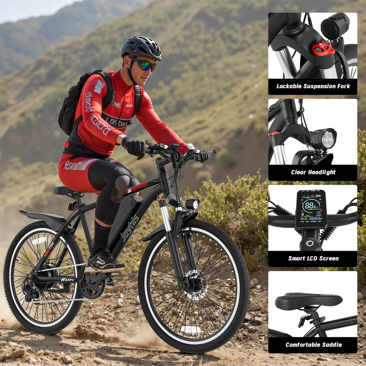 Joyhis Electric Bike for Adults, 26'' Ebike, Up to 20-60 Miles 22MPH Electric Mountain Bike with 48V Removable Battery, Adjustable Stem, Fenders, Lockable Suspension Fork (JA26520:20-30Miles, Black)