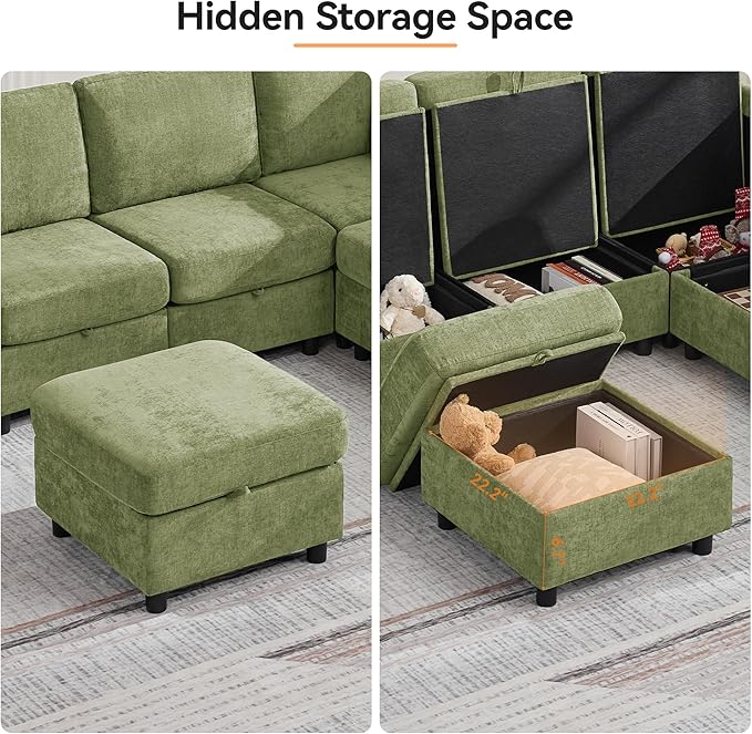 WUTUTUEE 25" Square Storage Ottoman for Modular Sectional Sofa, Convertible Couch Footrest with Hidden Compartment, Chenille Upholstered Coffee Table & Extra Living Room Seating, Green