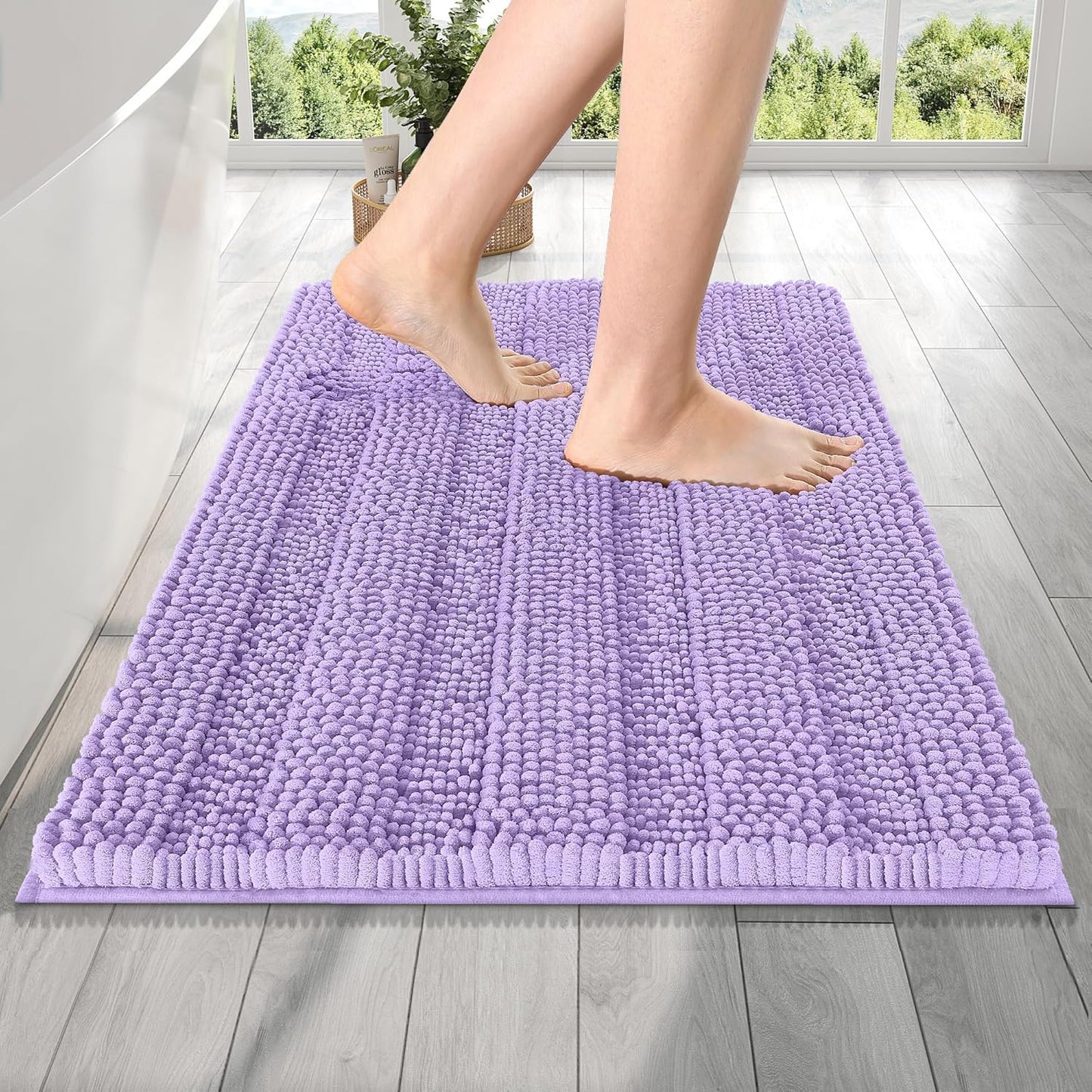 OLANLY Thick Bathroom Rugs 24x16, Extra Soft Absorbent Chenille Striped Bath Rugs, Rubber Backing, Machine Wash Dry, Bath Mats for Bathroom Floor, Tub and Shower, Home Decor Accessories, Lavender