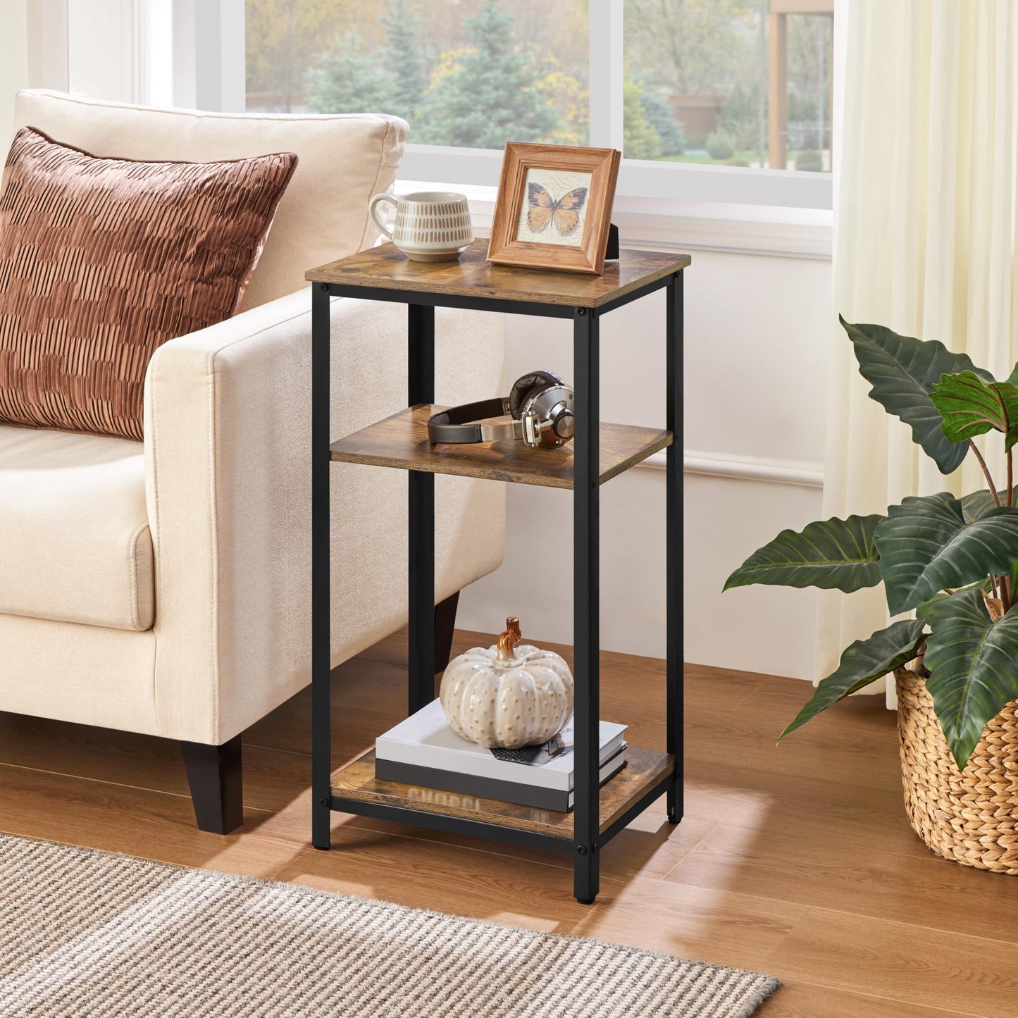 Yaheetech Large 3-Tier Tall End Table, 30 Inches High Side Table with Wooden Shelves & Strong Metal Frame for Living Room Small Space, 12 x 16 x 29.5 inches，Rustic Brown