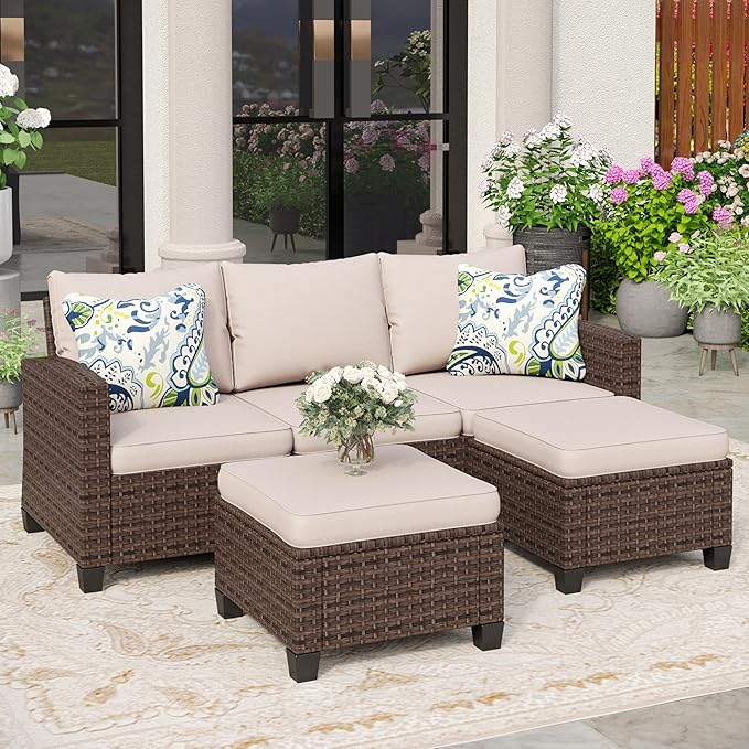 SUNSHINE VALLEY Outdoor Patio Furniture Set, 5-Seat L-Shaped Patio Couch Set with 2 Ottomans, Durable Rattan Outdoor Sofa Set for Small Patios, Modular Outdoor Couch Set for All-Weather Use, Beige