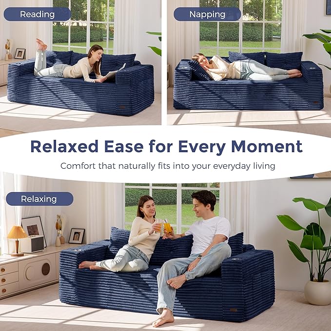 MAXYOYO 79" Oversized Boneless Loveseat Sofa Couch for Small Spaces, Mini Love Seat Floor Couch with Cup Holders and Pillows, 3-Seater Upholstered Cloud Couch for Bedroom, No Assembly Required