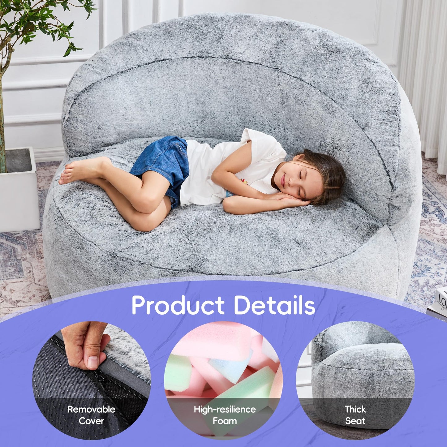 Hobestluk Bean Bag Chair Giant Bean Bag Chairs for Adults Big Bean Bag Chair with Memory Foam Filler Adults Large Beanbag with Faux Fur Cover for Bedroom (Plush Grey,Oversize)