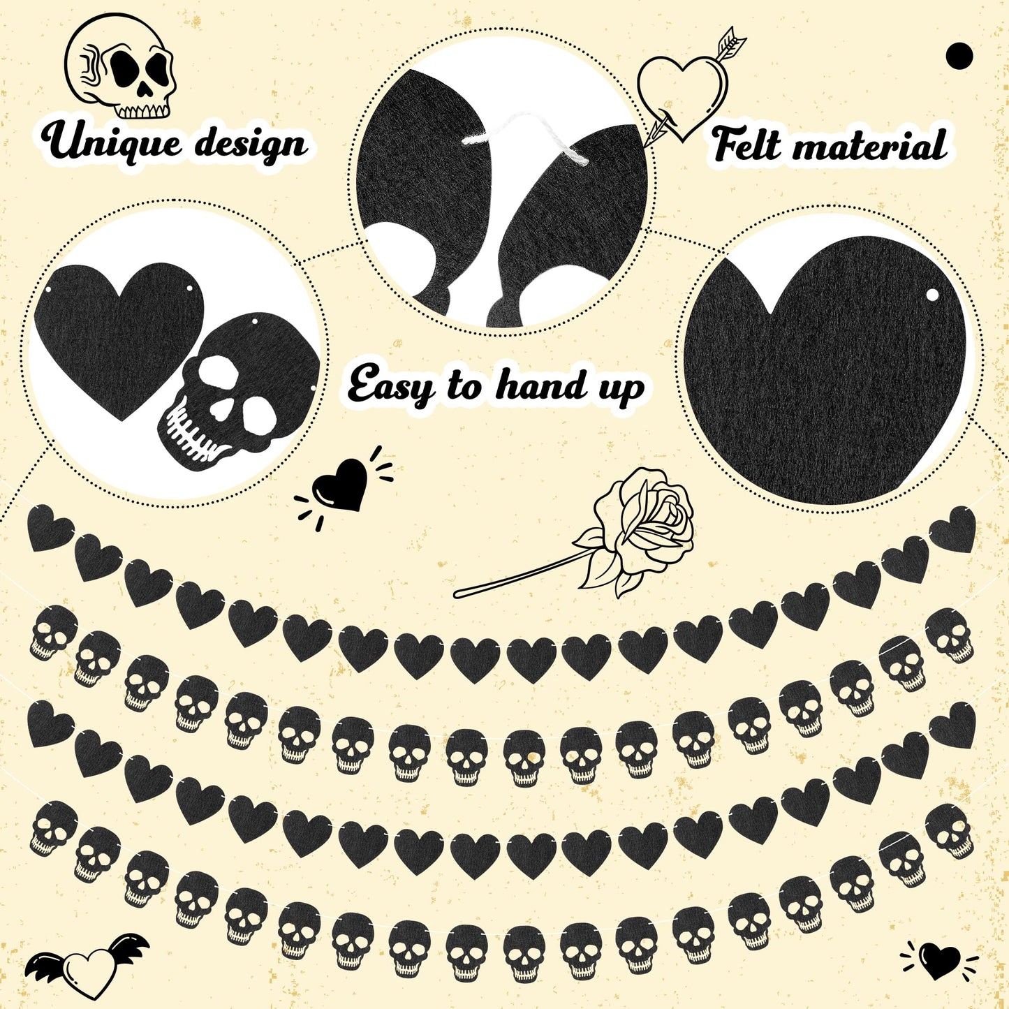 K1tpde 4PCS Gothic Black Heart Skull Garland Banner Kits, Black Felt Heart Banner for Valentines, Skull Garland Backdrop for Gothic Birthday Party Decorations, Halloween Home Decor