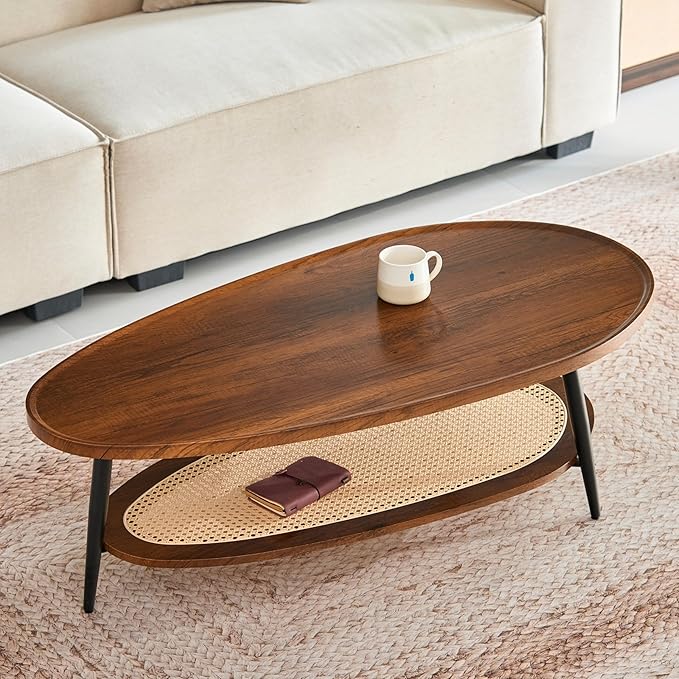 Saint Mossi Oval Wood and Rattan Coffee Table for Living Room, Mid-Century Modern Wood Coffee Table, Center Table for Small Space, Wanlut and Rattan Board, D47xW23.6xH15