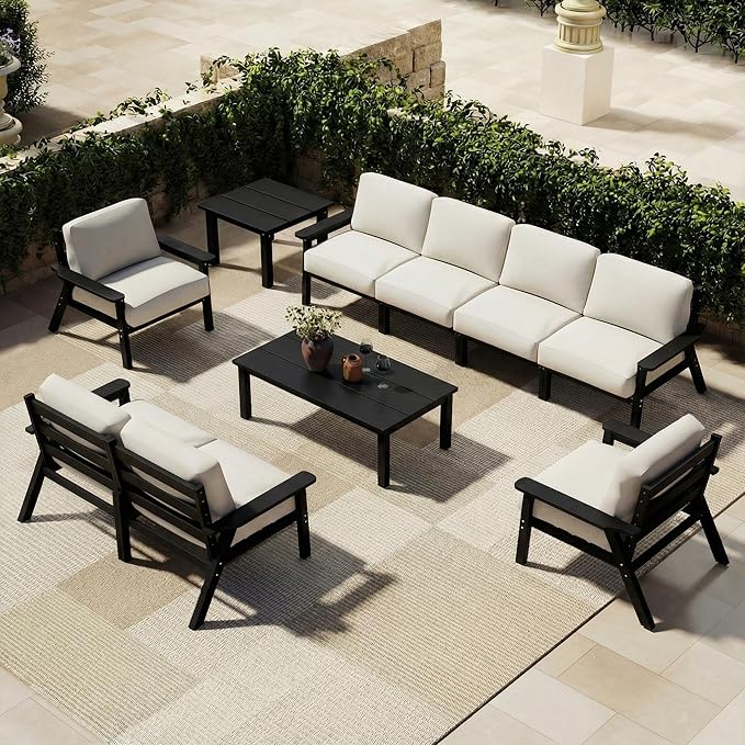 Patio Kingdom Patio Furniture Set 8 Seats, 4-Seater and 2-Seater Outdoor Sofas with Beige Washable Thick Cushions, Patio Conversation Sets for Lawn, Garden, Porch, Balcony, Deck (Black Frame)