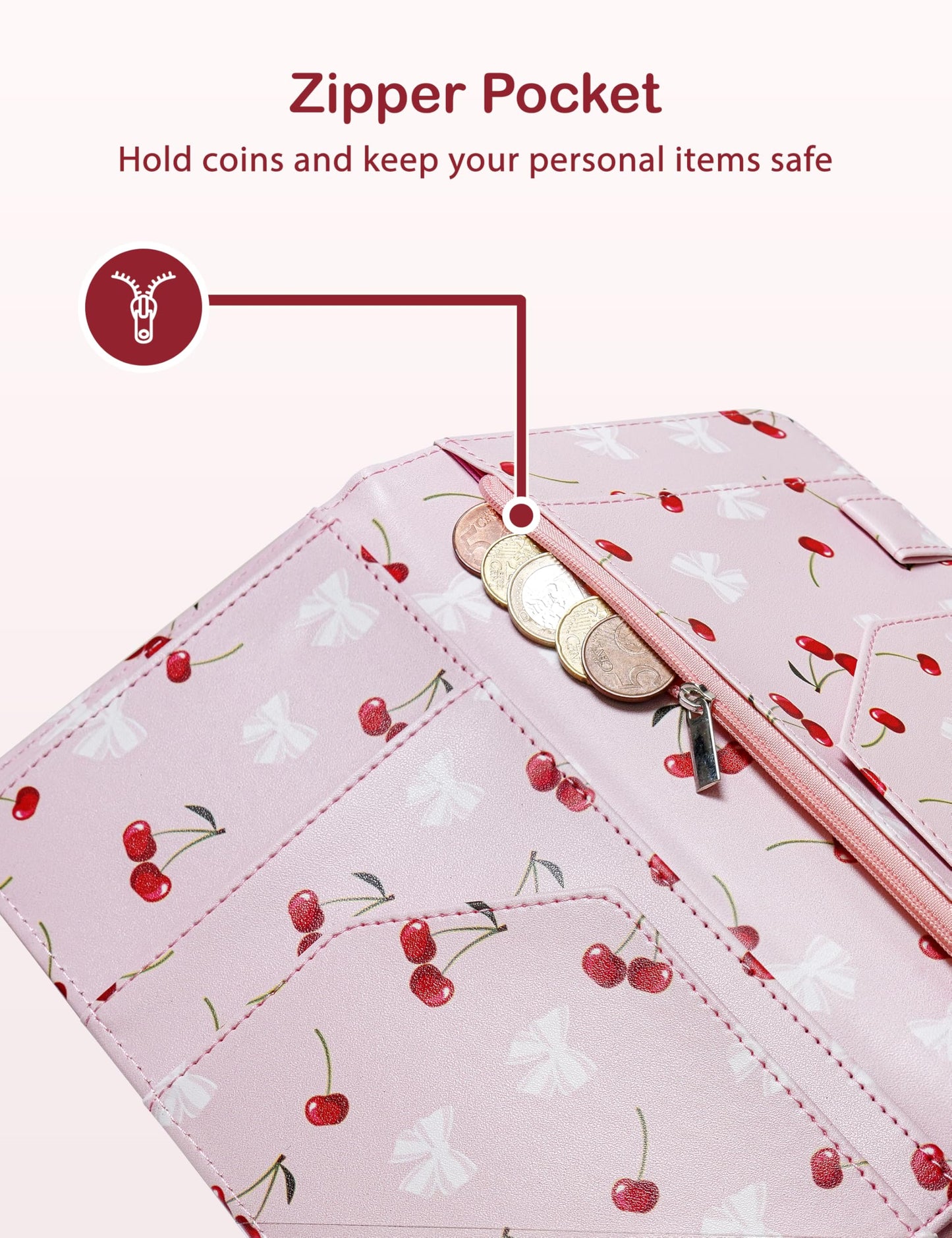 Zreal Cute Server Book for Waitress, Waiter Book with Zipper and Magnetic Pocket, Cherry & Bow Print Serving Book for Waitstaff in Restaurants, Leather Waitstaff Organizer Fits Server Aprons(Pink)