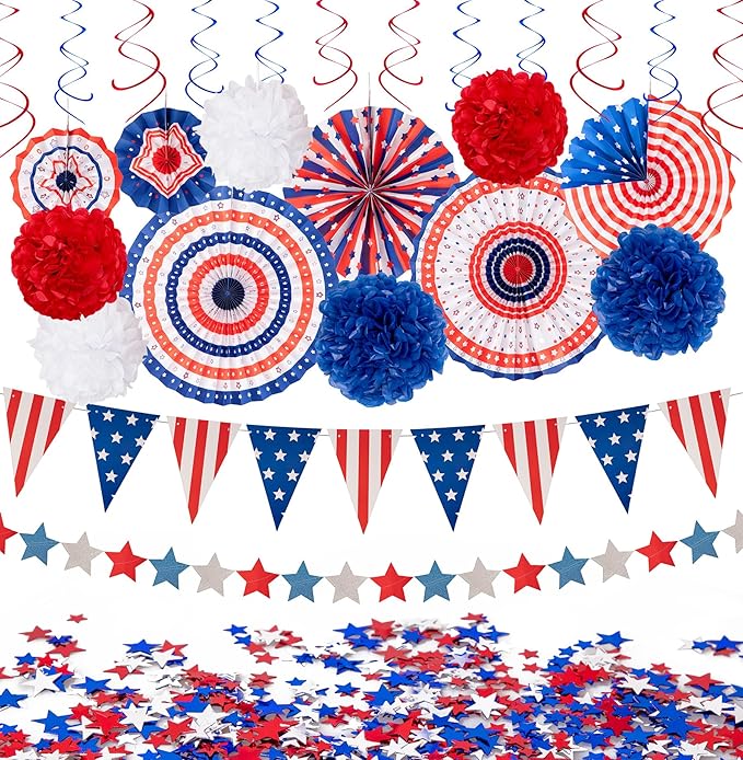 29PCS 4th/Fourth of July Patriotic Decorations Set - Red White Blue Paper Fans,USA Flag Pennant,Star Streamer,Pom Poms,Han...