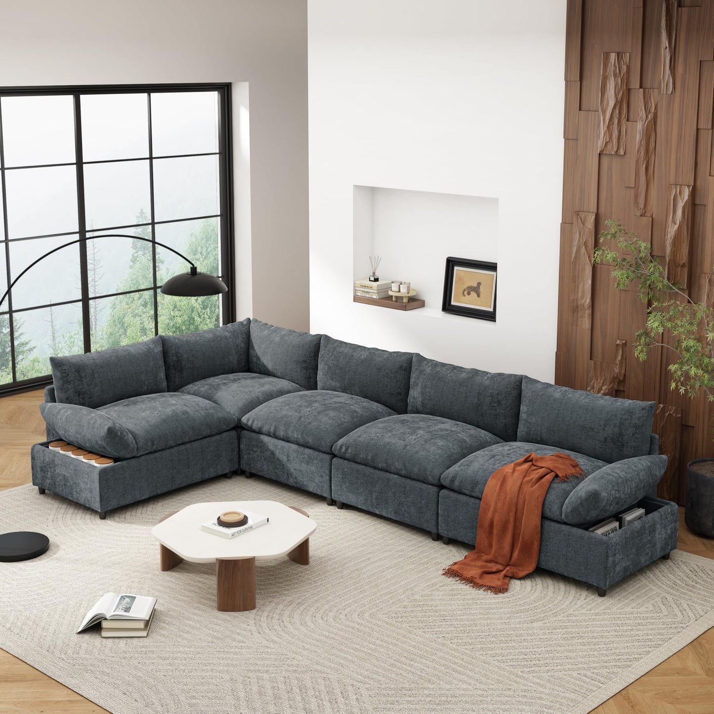 Merax 115.5" Modular Sectional Sofa, Upholstery 5 Seat Versatile Couch Set, L Shaped Indoor Furniture with Plush Cushions, Hidden Storage Compartments for Living Room, Lounge, or Office, Dark Gray