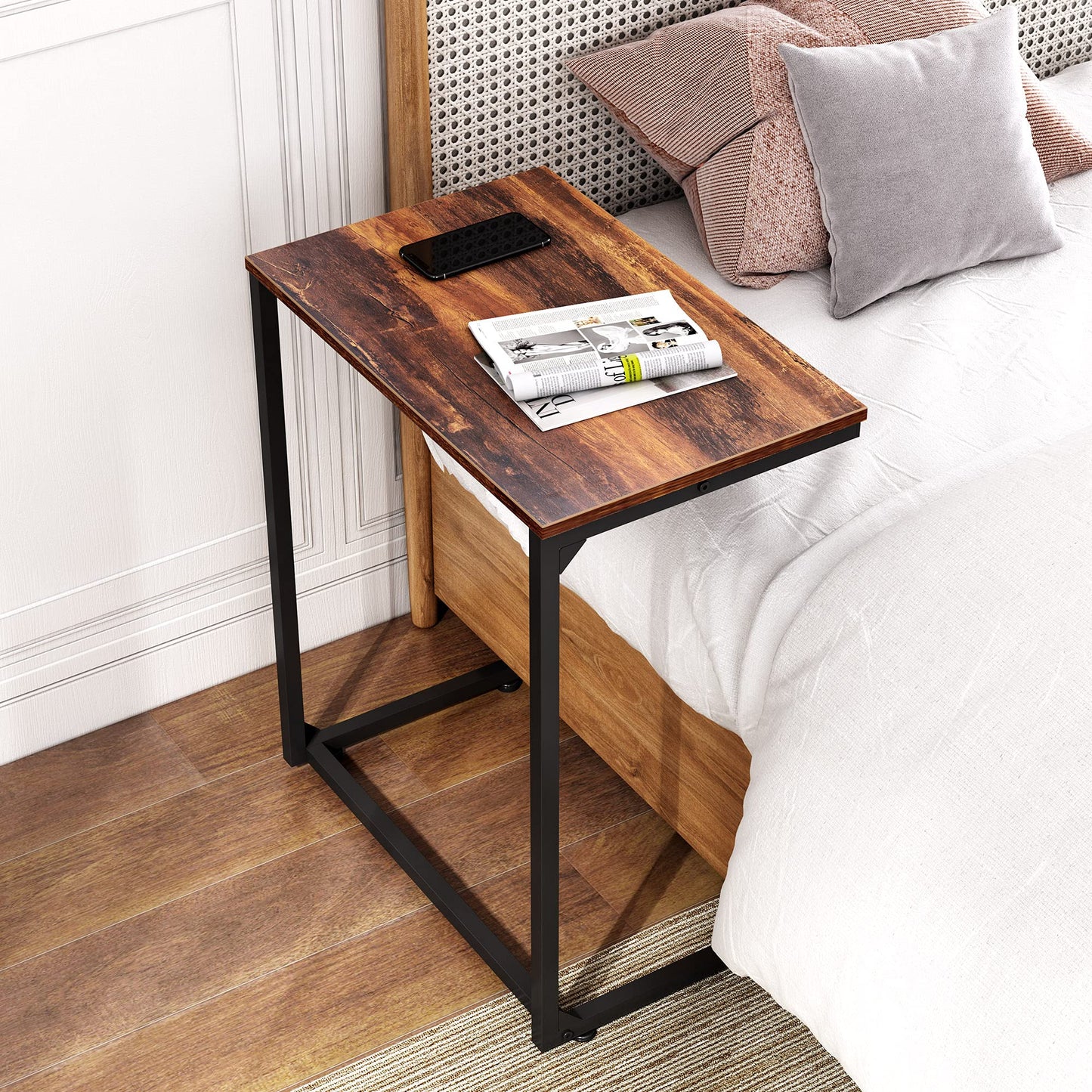 WLIVE C-Shaped End Table, Small Side Tables for Sofa, Wide Couch Table That Slide Under, Laptop Snack Table for Living Room, Bedroom, Home Office, Retro Brown