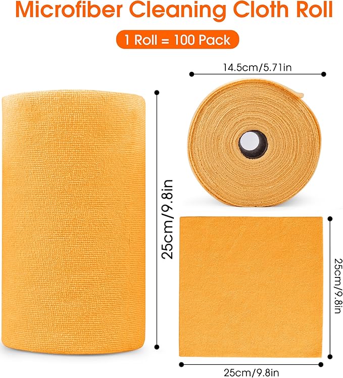 Microfiber Cleaning Cloth Roll–100 Pack, Tear Away Microfiber Towels, Reusable, Washable, Scratch-Free, Kitchen Towels for Car, Home, Kitchen, Glass, Dishes(Tangerine Yellow)