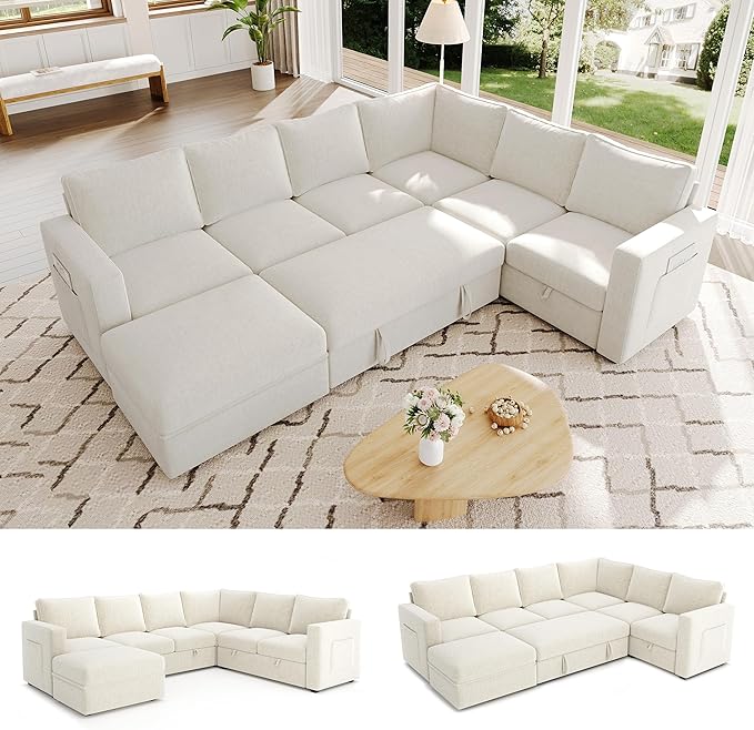 SUAWY 106.7" Sectional Sleeper Sofa with Pull Out Couch, Modern 7 Seat U Shaped Modular Couch, Sectionals Modular Sofa with Storage, Comfy Sectional Couches for Living Room & Apartment, Beige