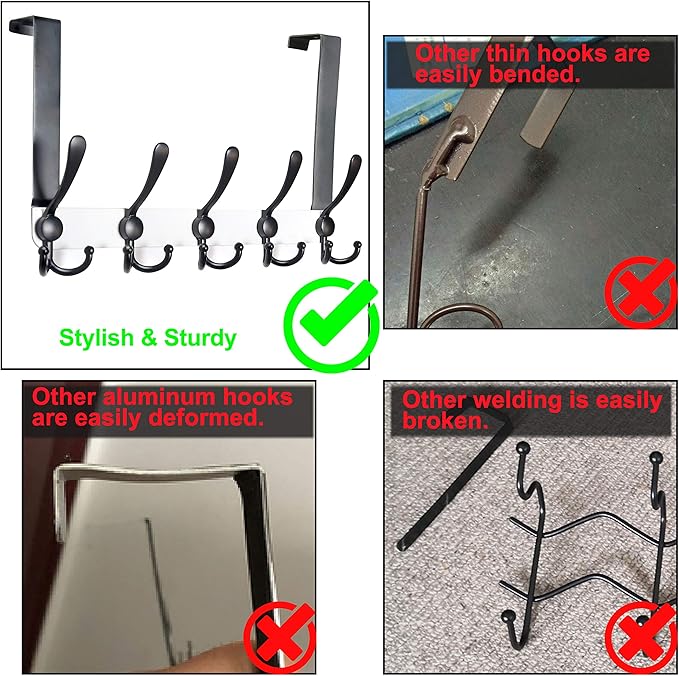 Dseap Over The Door Hook Hanger - 5 Tri Hooks, Heavy Duty Over The Door Towel Rack Coat Rack for Clothes Hat Towel, White & Black