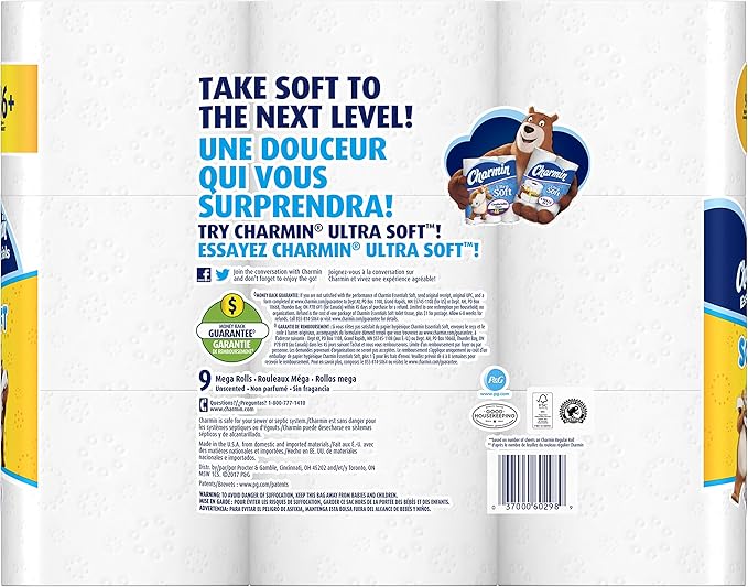 Charmin Essentials Soft Toilet Paper Mega Rolls, 9 ct