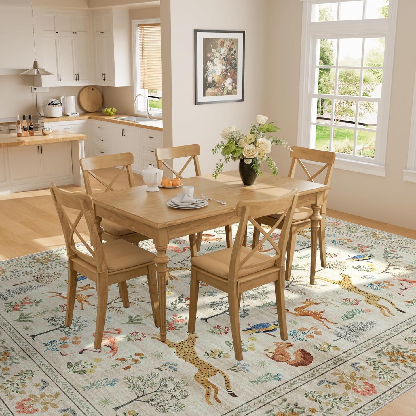 DUKINO 8x10 Rug, Washable Animal Living Room Rug with Non Slip Vintage Design, Soft Low Pile Large Carpet for Bedroom, Nursery, Dining Room, Farmhouse, Playroom, White