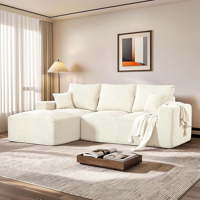 108" Modular Sectional Sofa, Compression Sofa with Deep Seat, Modular L-Shape Couch with Chaise, Upholstered Couches for Living Room Bedroom, No Assembly Required (White Corduroy, 108" L Shape)