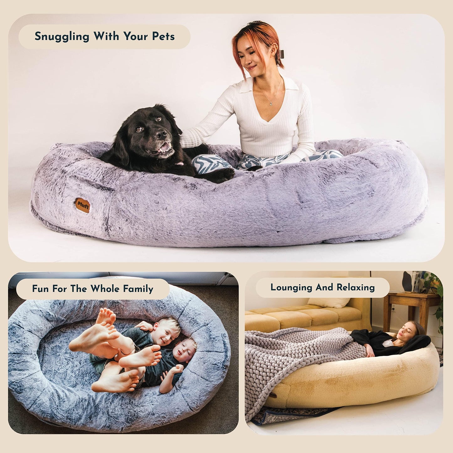Plufl, The Original Human Dog Bed for Adults, Kids, and Pets. As Seen on Shark Tank. Comfy Plush Large Bean Bag with Memory Foam, Machine Washable, and Durable. Perfect nap and Floor Bed - Black