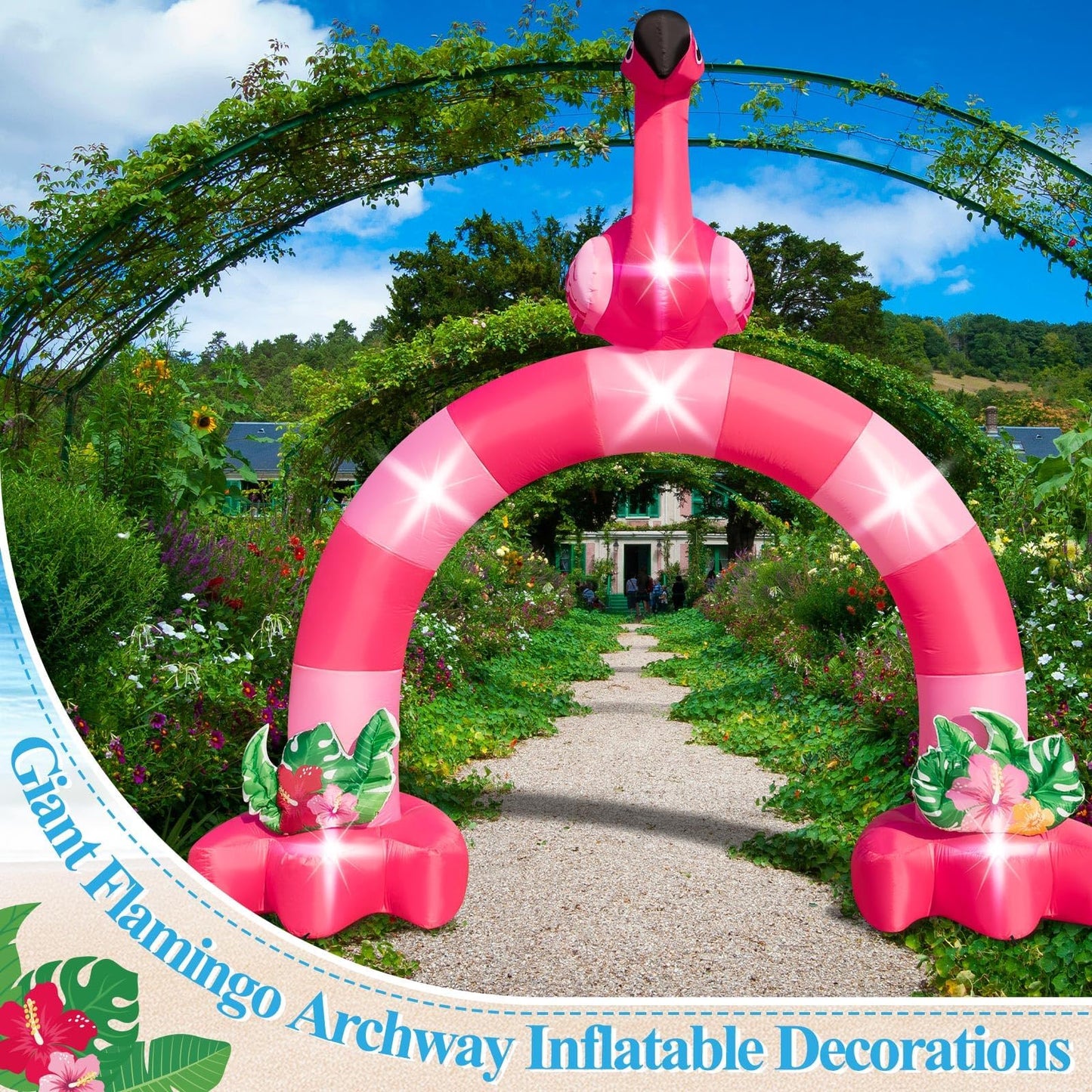 Eyourlife 12FT Pink Flamingo Inflatable Arch,Giant Inflatable Flamingo Outdoor Decor,Blow-Up Flamingo with 1Blower 6LED Lights and 2Hawaiian Leis for Summer Yard Garden Birthday Luau Beach Party