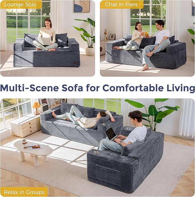 MAXYOYO Boneless Couch and Loveseat Sets for Small Spaces, Mini Love Seat Floor Couch with Cup Holders and Pillows, Upholstered Cloud Couch for Bedroom Apartment, No Assembly Required