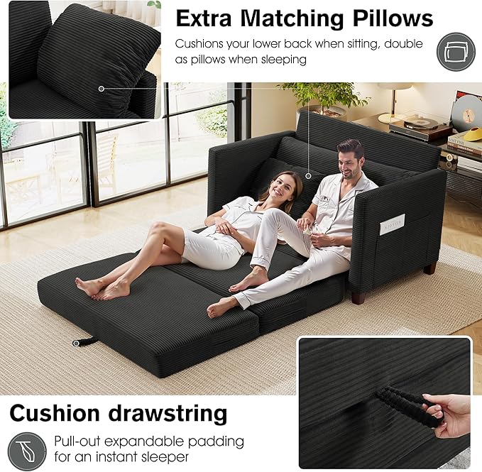 kakuboohi 51" Loveseat Sleeper Sofa Bed, Corduroy Convertible Floor Sofa Bed for Small Spaces, Folding Couch Bed with Deep Seat, 2 Pillows & Solid Frame, Pull Out Floor Couch for Living Room, Black