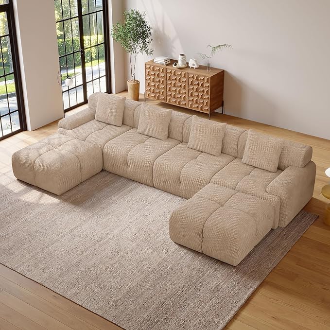 135" Modern L Shaped Modular Sectional Sofa, 6 Seater Convertible Chenille Cloud Couch Sofa Set, Boneless Couches for Living Room with Ottoman, No Assembly Required, Brown
