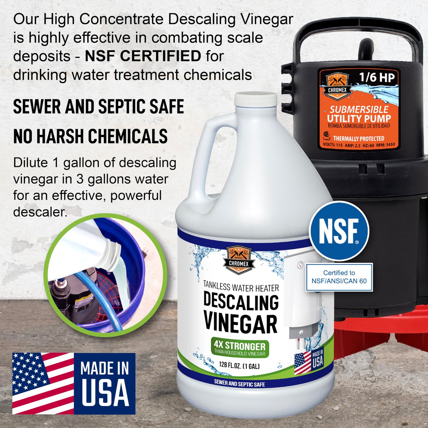 Chromex Tankless Water Heater Flush Kit with NSF Certified Concentrated Vinegar, Dilutes to 4 Gallons and 1/6HP Extra Strength Pump