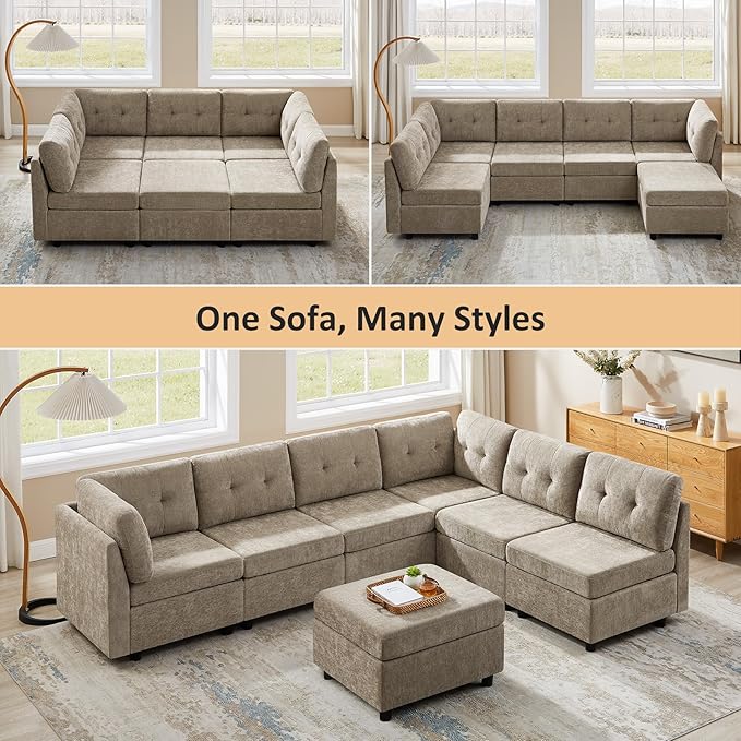 VANOMi 5 Seater Modular Sectional Sofa, Convertible Modular Cloud Sofa Bed with Ottoman, Comfy Chenille Sofas & Couches for Living Room, Apartment, Office, Beige, Sofa Bed