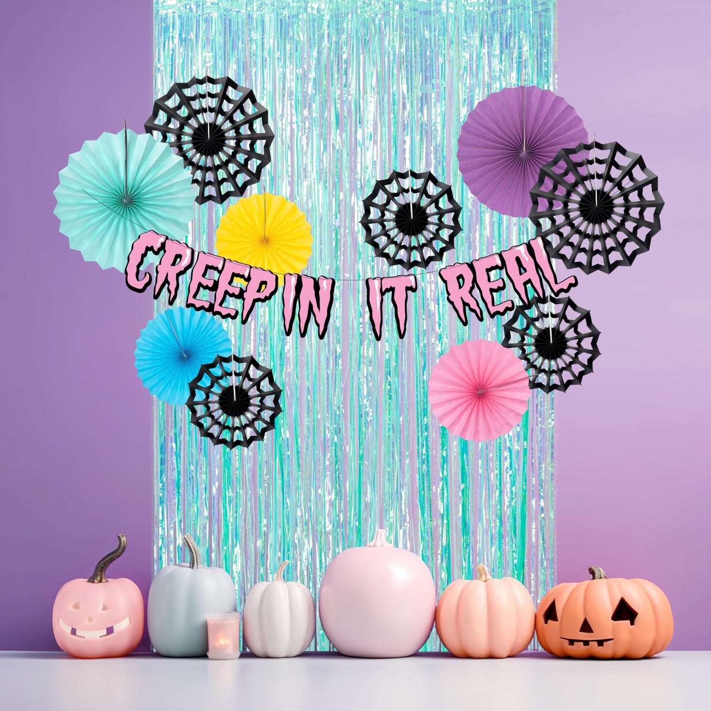 Cheerland Cyan Summerween Spider Web Backdrop Banner Party Decorations Pastel Foil Neon Curtain Streamers Cobweb Paper Fans Photobooth Background for Halloween Birthday Witch Cosplay Party Supplies