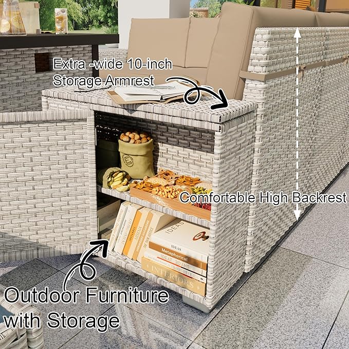6 Pieces Patio Furniture Set, Outdoor Modular Sectional Couch Conversation Set with Wide Armrests, Wicker Seating Group Sofa with Coffee Table for Backyard Balcony Garden Deck (Khaki Cushions)