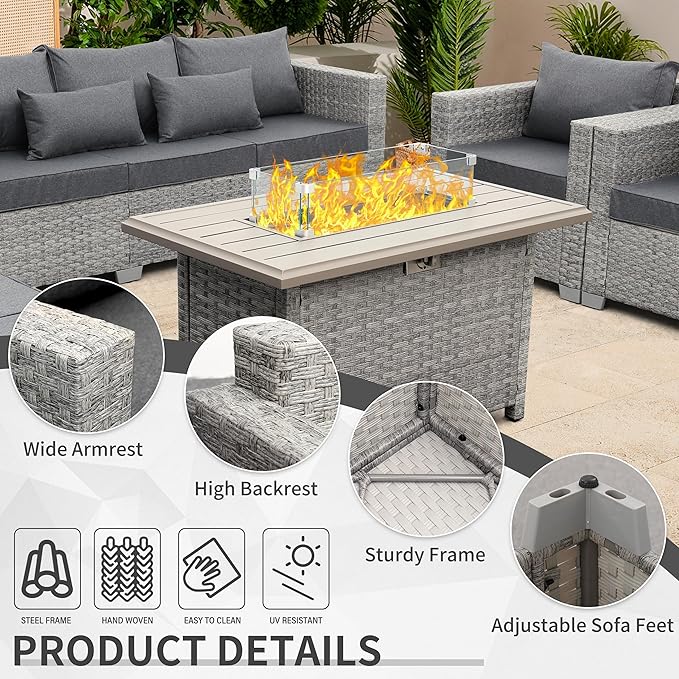 WAROOM Patio Furniture Set 6 Piece Grey Wicker Outdoor Sectional Sofa Balcony Furniture Couch PE Rattan Conversation Sets with Fire Pit Table, Grey Cushion