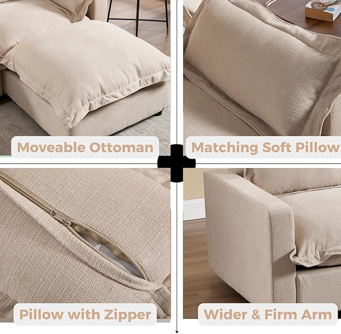 chairus 126" Modular Sectional Sofa with Moveable Ottoman Upholstered Deep Seat Linen Couch Set with Soft Pillows L-Shape Sofa Couch for Living Room, Apartment, Reception Room, 4-Seater/Oatmeal