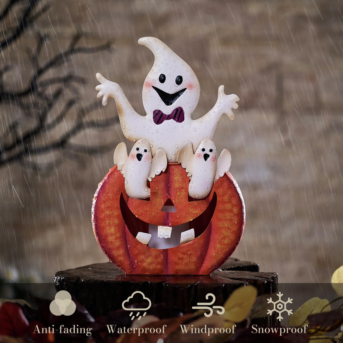TERESA'S COLLECTIONS Halloween Decorations, Ghost and Pumpkin Halloween Decor, Large Ghost and Orange Jack O Lantern with Light, 12", Metal Outdoor Garden Statue, Indoor/Outdoor