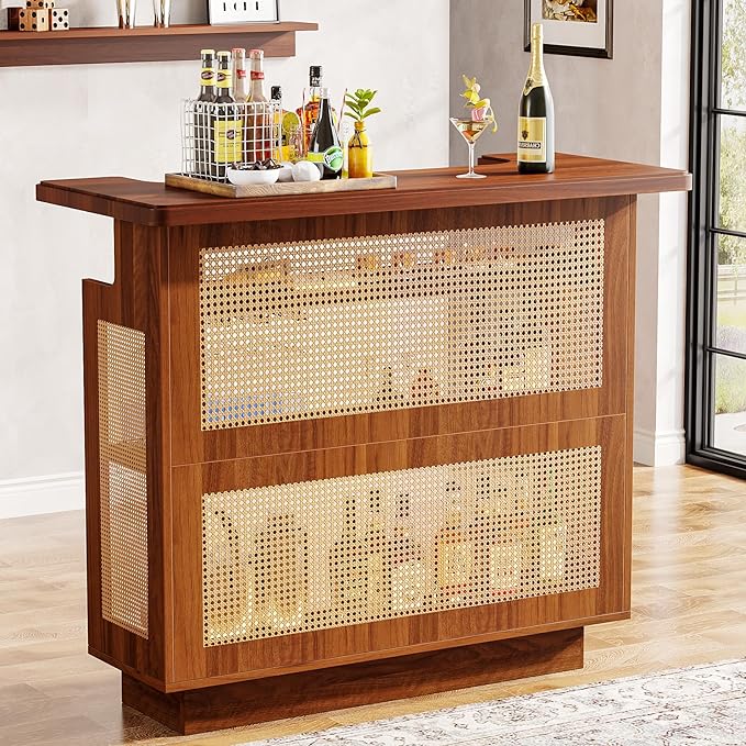 Tribesigns Rattan Home Bar Unit, Farmhouse 4-Tier Bar Table with 4 Stemware Racks and Heightened Base, Liquor Wine Bar Cab...