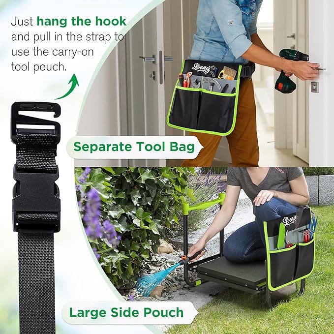 LOENIY 10.8” Wide Garden Kneeler and Seat, Heavy Duty Foldable Gardening Stool with Tool Belt Pouch, Portable Gardening Bench Chair for Seniors & Parents, Non-Slip & Easy Grip Design
