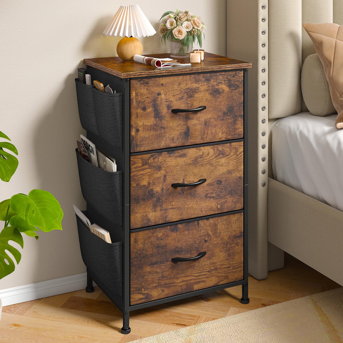 Night Stand Set 2, Night Stand with Drawers for Bedroom, Bedside Table with Wooden Top, Sturdy Steel Frame End Table, Dorm Nightstand for Bedroom, Entryway, Hallway, Cloth Bags, Hooks, Rustic Brown