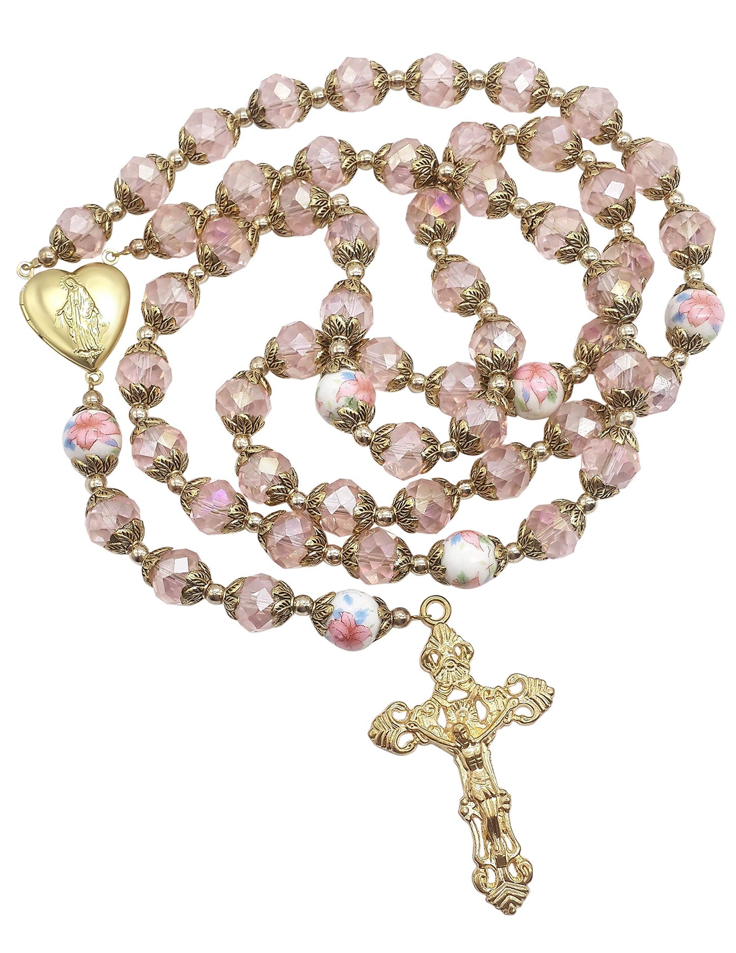 Nazareth Store Catholic Pink Crystal Beads Gold Rosary Flowers Beaded Necklace Holy Mary Heart Locket Medal & Cross Religious Am