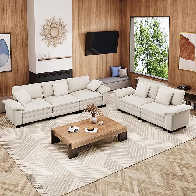 MIXPATIO L-Shaped Cloud Modular Sofa Set with Chaise Lounge, 5-Piece Sectional & Deep Seat, Plush Chenille w/Removable Arms for Living Room - Beige