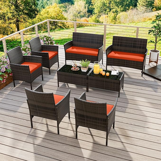 HAPPYGRILL 8 Pieces Outdoor Rattan Conversation Set, Patio Wicker Furniture Set with Loveseat Chairs & Tempered Glass Coffee Table, Outside Sectional Sofa Set for Backyard Garden Poolside, Orange