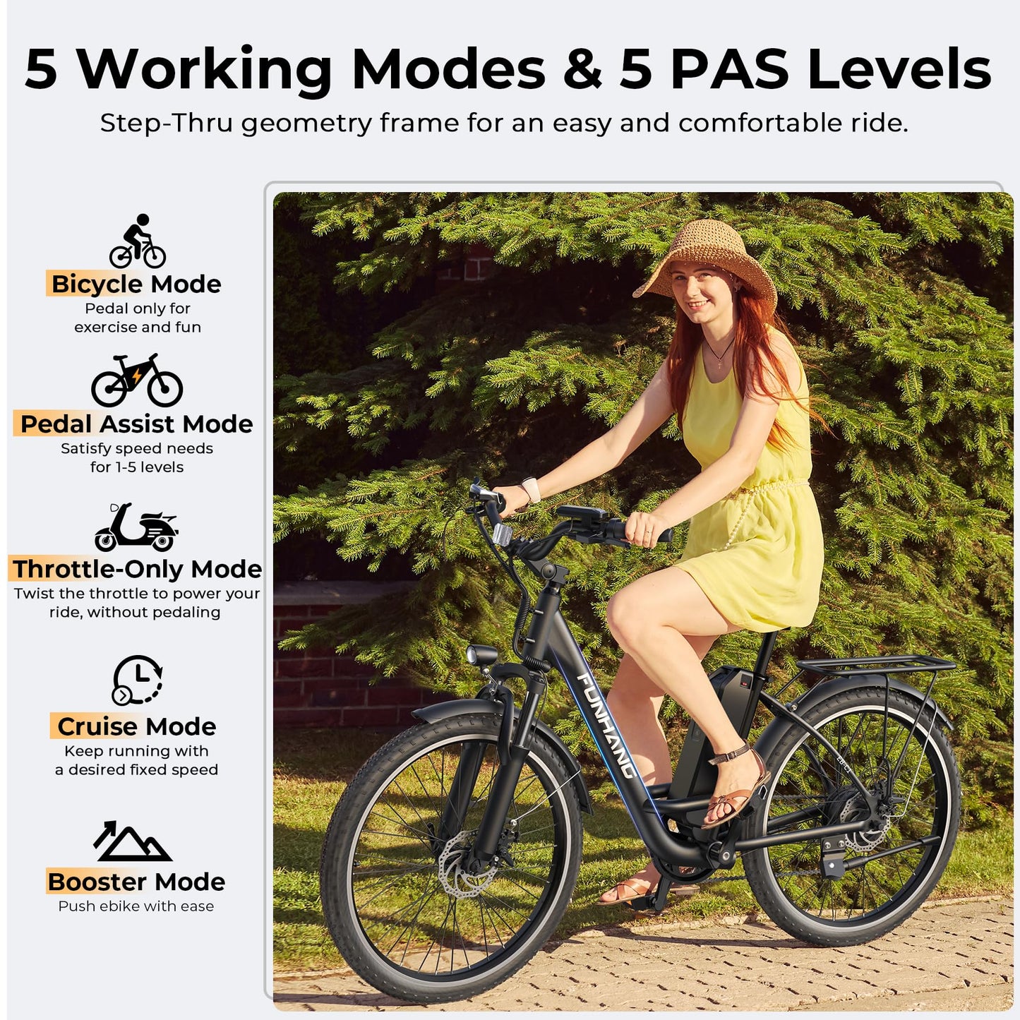 Funhang Electric Bike for Adults, 1000W Peak Ebike, 21.7MPH 50Miles City Cruiser Ebikes, 26" Step Thru Electric Bicycle with 48V Removable Battery, Adjustable Stem, Rear Rack, Front Suspension,7 Speed