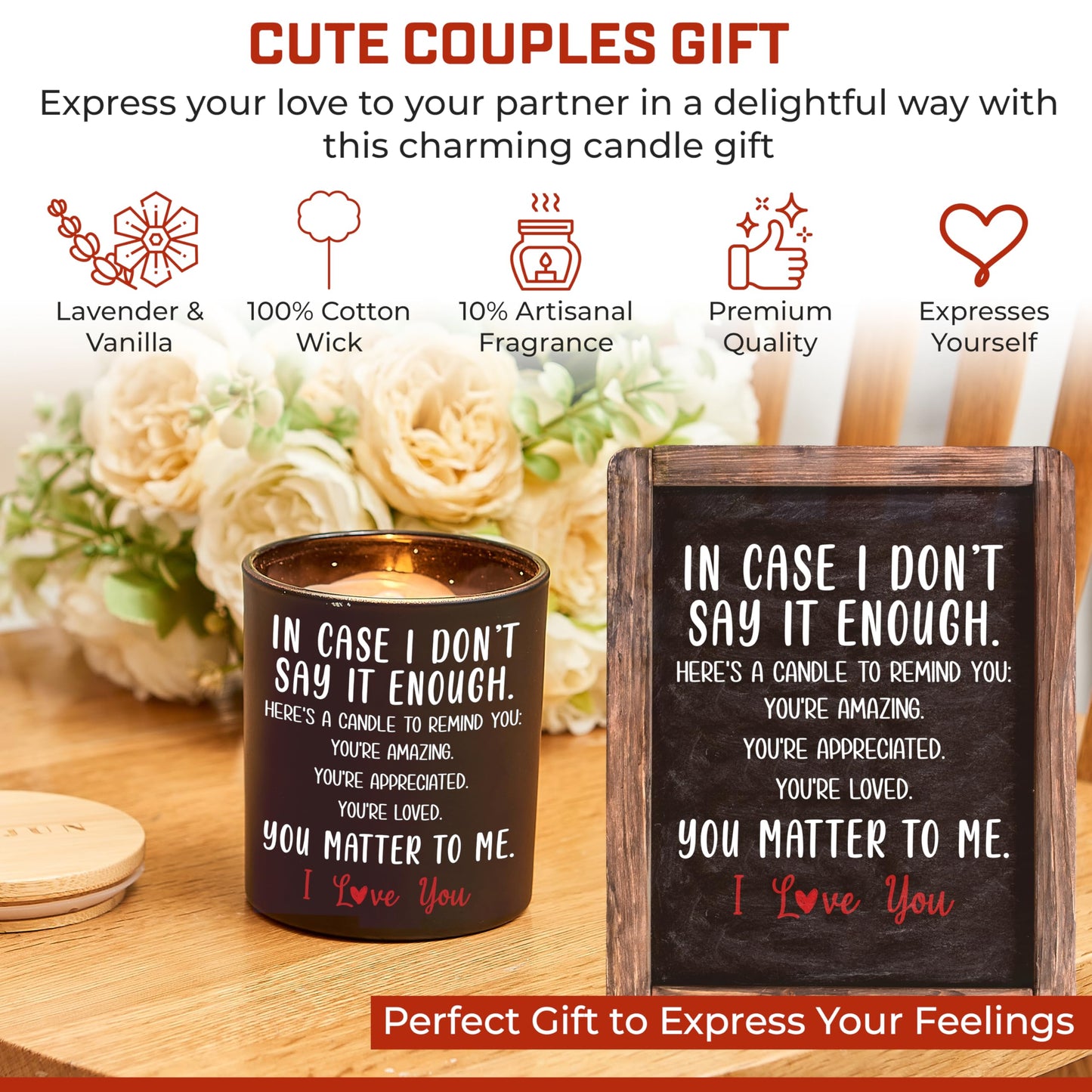DANJUN Mother's Day Candle - Anniversary or Wedding Gift for Women - Romantic Gifts for Girlfriend & Boyfriend - Wooden Base & Gift Box Included - Vanilla & Lavender Scented - 10oz
