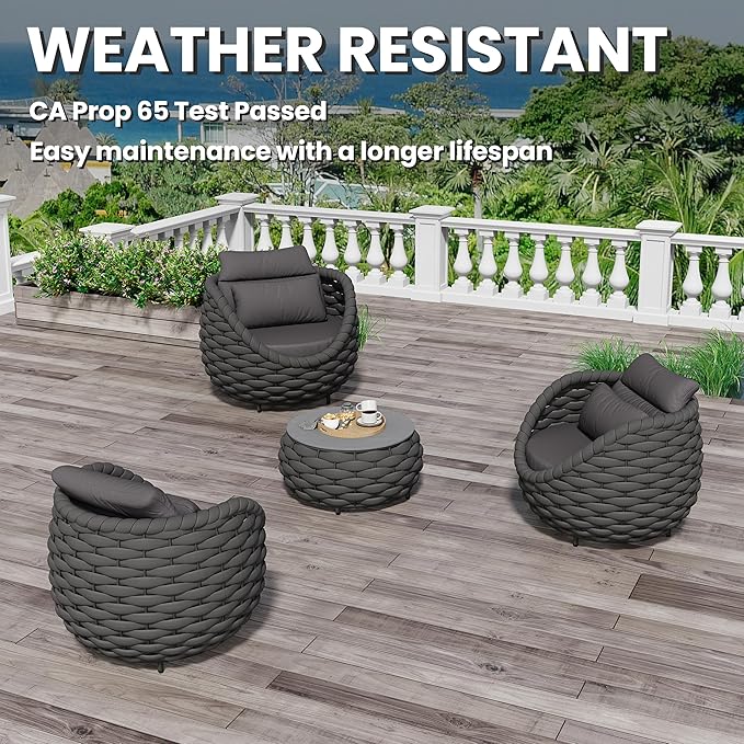 Erotr 4 Pieces Courtyard Seating Set: Aluminum Woven Rope Patio Furniture Chair Set - All Weather Metal Outdoor Conversation Set - Assembled Armchair w/Table for Bistro Deck Porch Balcony, Dark Grey