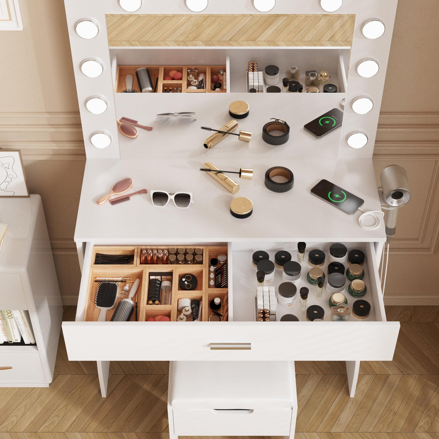Vanity Desk with Lights, Makeup Vanity Desk with Lighted Mirror and Charging Station, ，3 Lighting Modes Adjustable Brightness,Makeup Vanity Set with Cushioned Chair