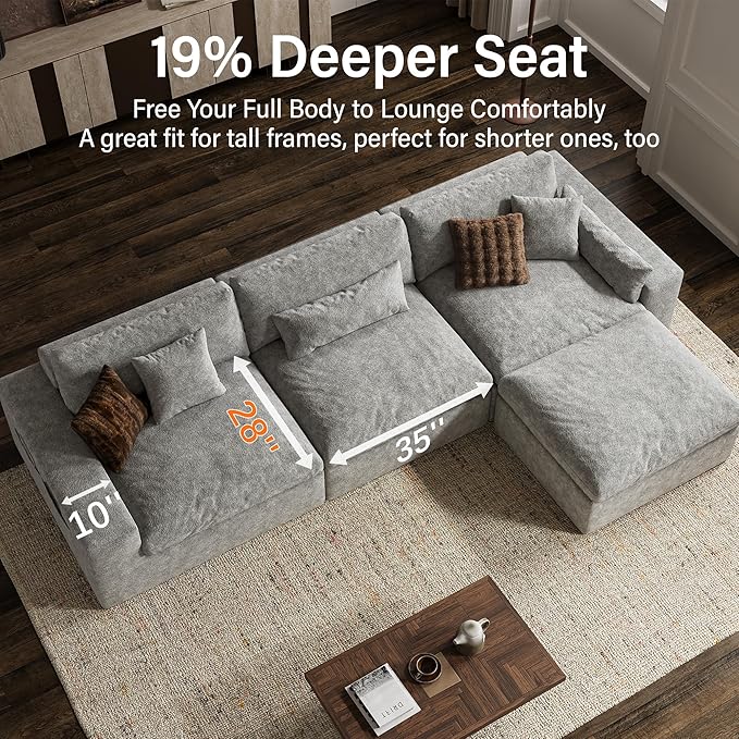 160'' Oversized Boneless Sectional Couches for Living Room, Deepseat Boneless Cloud Modular Sectional Sofa with Ottoman, No Assembly Required L-Shape Cloud Sofa, Plush Fabric, Light Gray