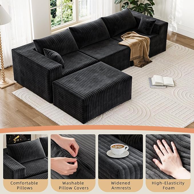 CABZOON 110" Cloud Couch Sectional for Living Room L-Shape Boneless Couches Modular Sectional Sofa with Deep Seat with Chaise,No Assembly Required,Carbon Black(Plush Corduroy Fabric)