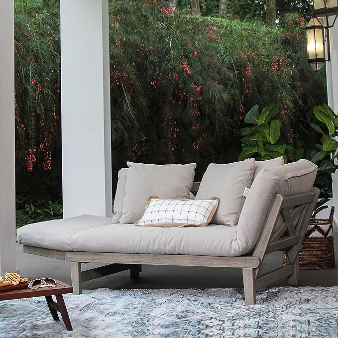 Cambridge Casual West Lake Mahogany Outdoor Convertible Sofa Daybed, Weathered Gray/Oyster Cushion
