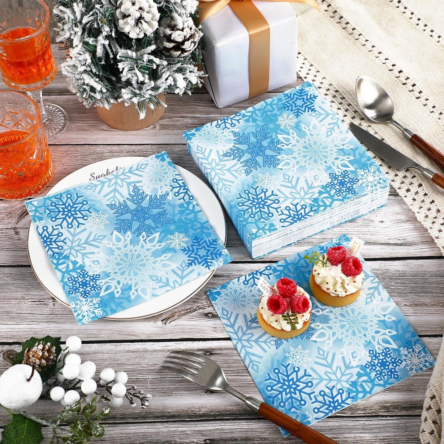 60 Pcs Winter Snowflake Cocktail Paper Napkins 6.5 x 6.5 Inches Disposable Paper Napkins Dessert Beverage Napkin for Decoupage Luncheon Napkin for Party Wedding Birthday Party