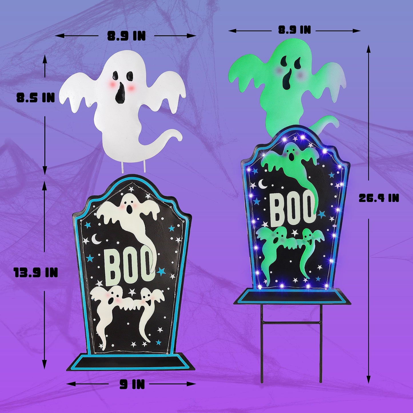 Joliyoou Halloween Yard Stake, 26.4" Solar Lighted Metal Tombstone with Glow in The Dark Ghosts, 18 LED Purple Lights Spooky Yard Sign for Outdoor Front Door Yard Lawn Garden Decors